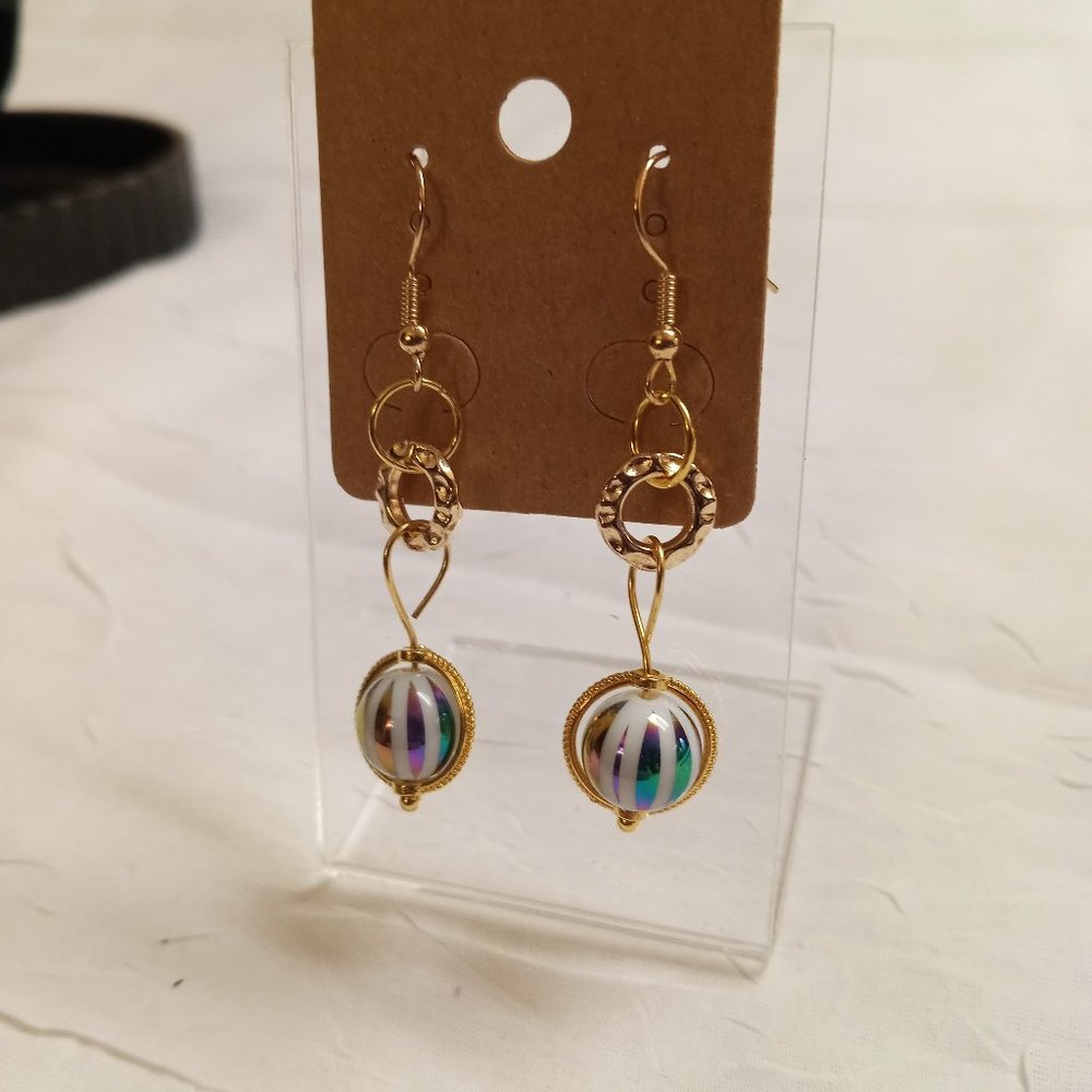 Steel Handmade Hand Crafted Beaded Rainbow Stripe Dangle Earrings #53 - Picture 10 of 11